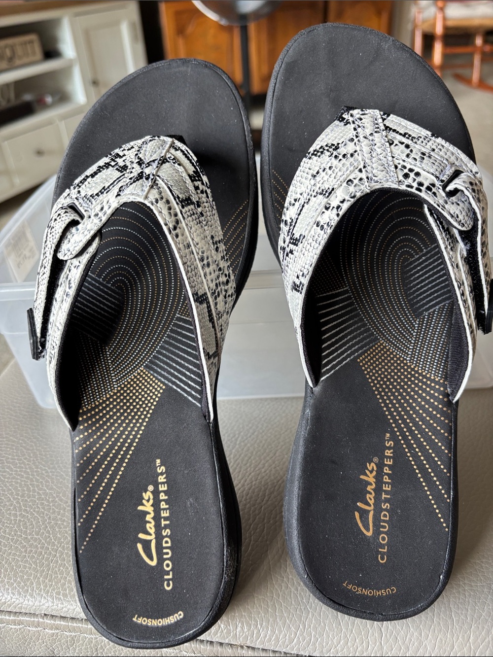 Clarks Cloudsteppers Black Sandals with White Snake-Print Straps